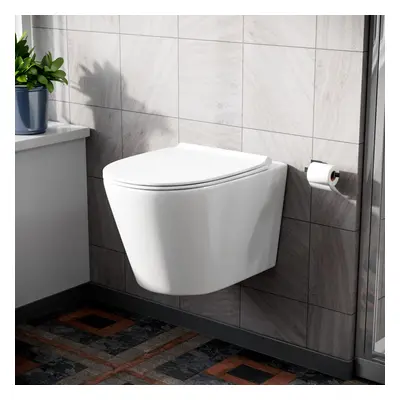 Rimless Wall Hung Toilet White Ceramic + Ultra Slim Soft Close Seat Cover | Wila