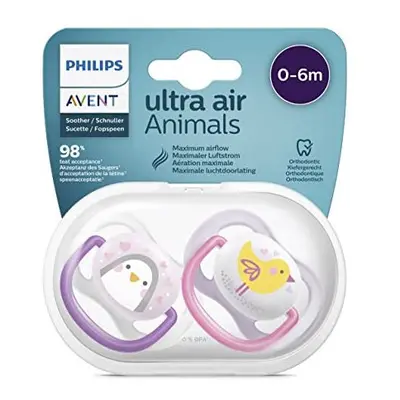 Avent Ultra Air Animals Orthodontic Silicone Soothers Months - Pinguin/Bird Purple and Pink