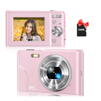 (Pink) Auto Focus Digital Camera, FHD 1080P/48MP, 32GB Card, 16X Zoom, Portable for Beginners