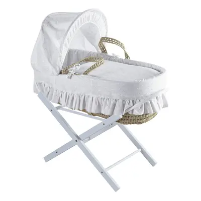 White Broderie Anglaise Moses Basket with Folding Stand - Opal White