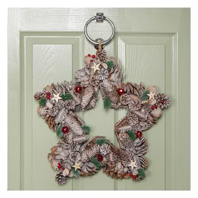 45cm Frosted Hanging Christmas Star Wreath with Red Jingle Bells & Wooden Stars