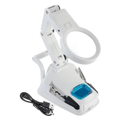 (White) Soldering Iron Stand Welding Tool Magnifier with Illuminated Glasses LED Alligator Clip 