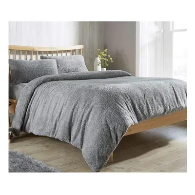 (Double, Silver) Warm and Cosy Thermal Teddy Fleece Duvet Cover Set