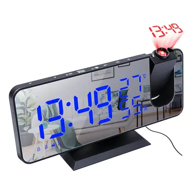 (Black+Blue) LED Digital Alarm Clock FM Radio HD Time Projection Mirror Clocks Snooze Function T