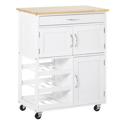 HOMCOM Rolling Kitchen Island Trolley Storage Cart with Rubberwood Top Wine Rack