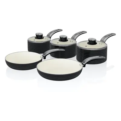 Swan Black Retro Non-Stick 5pce Pan Set, Saucepans 16/18/20cm, Frying Pans 20/28cm with Tempered