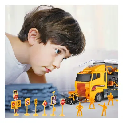 25Pcs Yellow Engineering Vehicle Toy Set Large Truck + Alloy Cars + Soldiers + Roadblocks