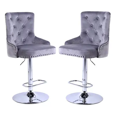 (Light Grey, Set of 2) Bar Stools with Adjustable Swivel Height Velvet Seat & Chromed Steel Fram