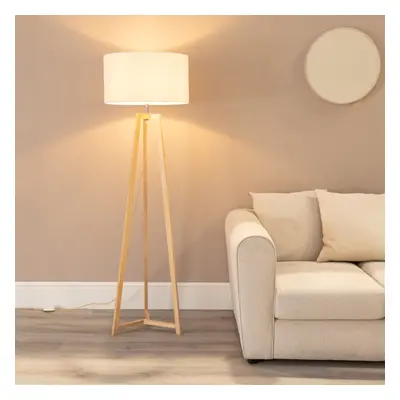 ValueLights Lottie Linen White Trim Shade Wooden Tripod Floor Lamp