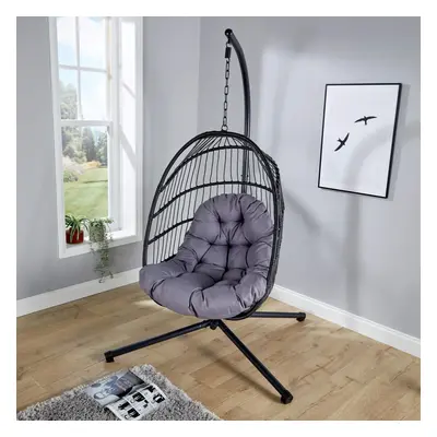 Hanging Egg Chair Rattan Black Waterproof Cushion Indoor Outdoor Seat