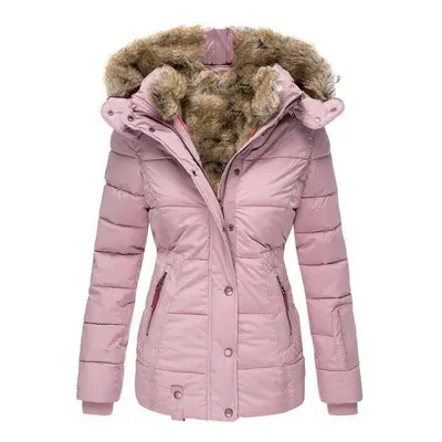 (2XL, pink) Women's Winter Warm Fur Collar Cotton Zippered Long-sleeved Slim Hooded Cotton Coat