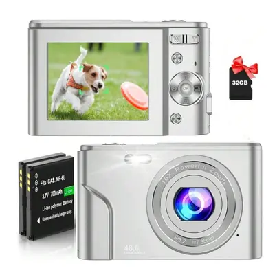 (Silver) FHD 1080P 48MP Digital Camera with 16X Zoom, 32GB SD Card, Batteries, Compact Mini