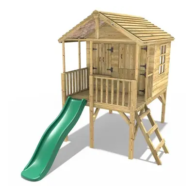 (Falcon, Green) Rebo 5FT x 5FT Childrens Wooden Garden Playhouse on Deck with 6ft Slide