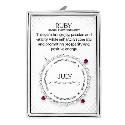 Philip Jones July (Ruby) Birthstone Stretch Charm Bracelet with Quote Gift Box