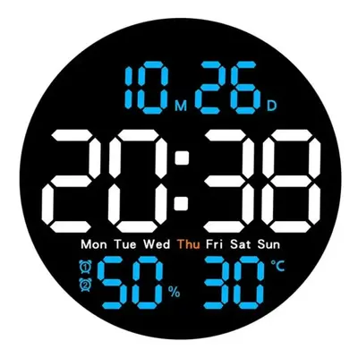 (Sky Blue) 10-Inch LED Digital Wall Clock with Remote, Auto Dimming, Alarm, Temperature, Humidit