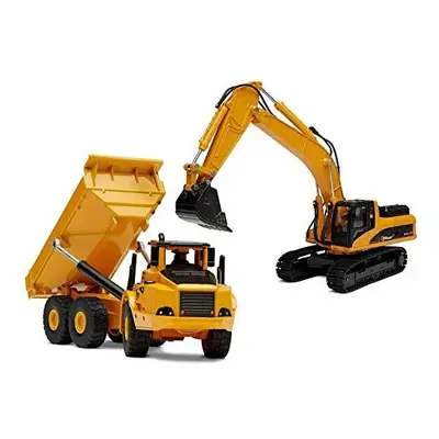 Top Race In Diecast Metal Excavator and Dump Truck Construction Freewheeler Set - Model Vehicle 