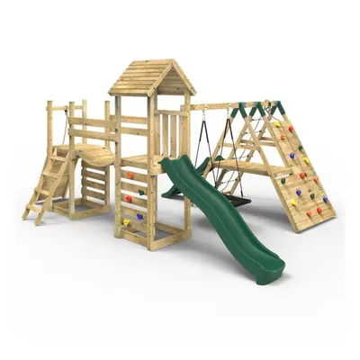 (Crestone) Rebo Double Tower Climbing Frame with Flexible Bridge, Swing & Slide