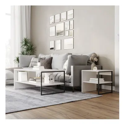 (White) 100cm Steel Frame Wooden Coffee Table & 2pc 40cm Sofa Side End Table