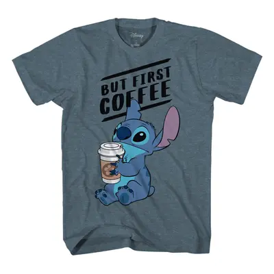 Disney Lilo and Stitch Coffee First Adult T-Shirt(LG Indigo Black)