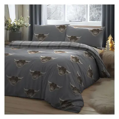 Highland Cow Grey Tartan Reverse King Size Duvet Set