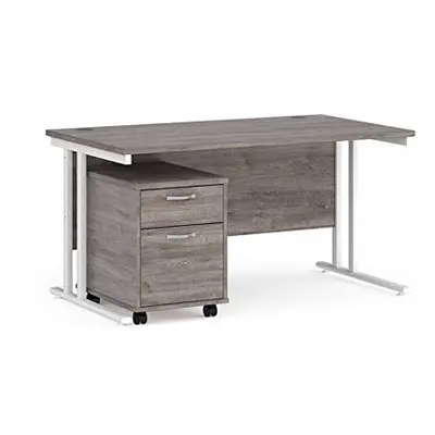 Mr Office Maestro straight desk - white cantilever frame and drawer pedestal bundle, Grey oak