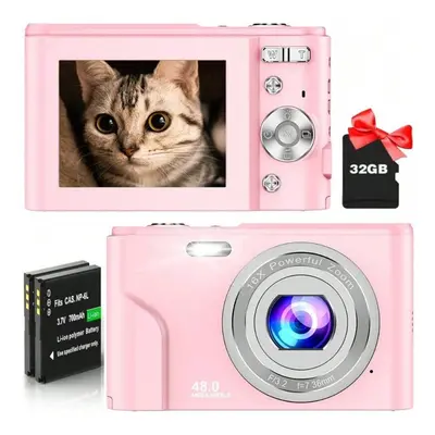 (Pink) FHD 1080P 48MP Digital Camera, 16X Zoom, Beginner-Friendly, Mini Camera with Batteries & 