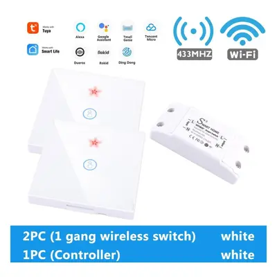 (2pc1 Gang switch+1pc controller white) WiFi Light Switch 220V RF 433MHz With Breakers Remote Co