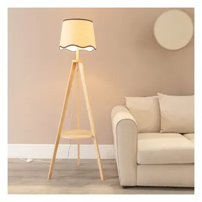 ValueLights Morrigan Scallop Black Trim Shade Wooden Tripod Floor Lamp