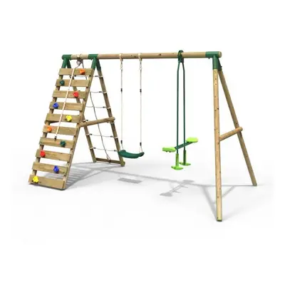 (Isla, Natural) Rebo Wooden Swing Set with Up and Over Climbing Wall