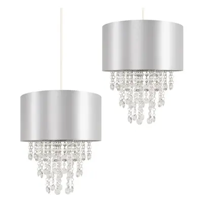 Pair of - Modern Grey Cylinder Ceiling Pendant Light Shades with Clear Acrylic Jewel Effect Drop