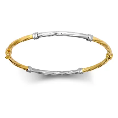 Jewelco London Ladies 9ct Yellow and White gold Half and Half Twisted Collar 3mm Bangle Bracelet