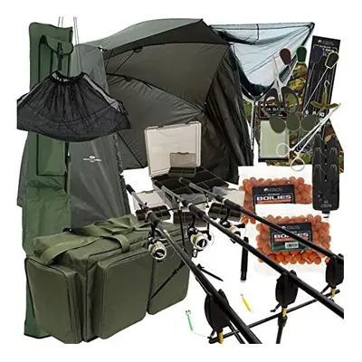 Carp Fishing Setup 3pc 12ft 2/3 Rods & Reels Bite Alarms Net Pod Carryall Bag Rod Holdall Brolly