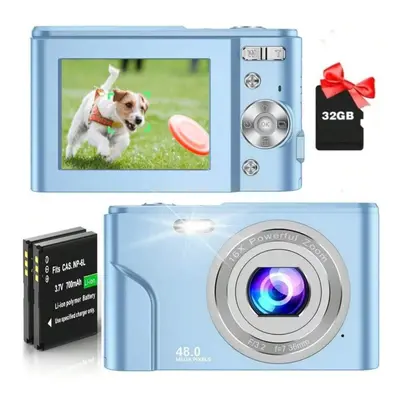 (Baby Blue) FHD 1080P 48MP Digital Camera with 16X Zoom, 32GB SD Card, Batteries, Compact Mini