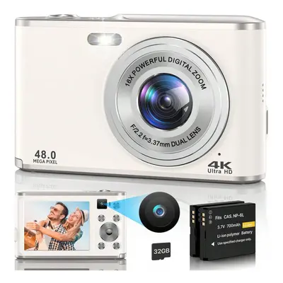 (White) Digital Camera, Auto Focus Full HD 4K Vlogging Camcorder, 48MP 16X Zoom, 32GB Card Inclu