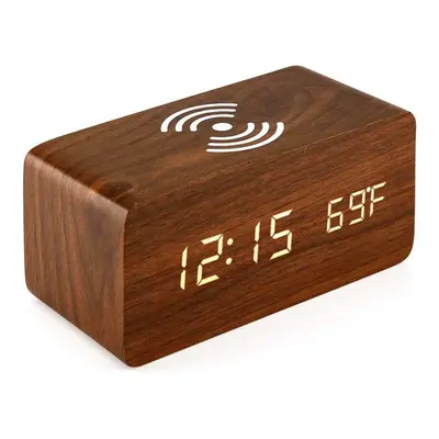 (Brown) LED Digital Alarm Clock Creative Multi-functional Wireless Charging Wooden Snooze Clock