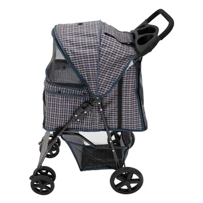 (Blue Tartan ) Pet Strollers with Rain Cover & Caddies