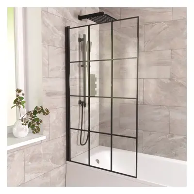 800mm Square Bath Screen Black Profile With Grid Glass Reversible | Sheen