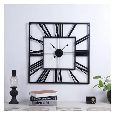 60CM Large Square Shape Metal Skeleton Roman Numeral Wall Clock Black