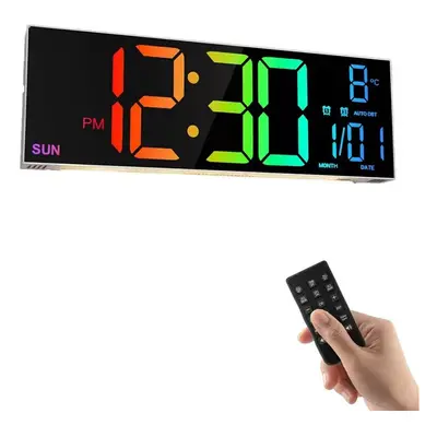 (White) 16" LED Digital Wall Clock with Remote, RGB Display, Auto Brightness, Date, Temperature 