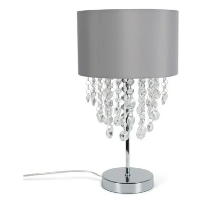 ValueLights Grey Fabric Table Lamp Jewel Droplet Drum Bedside Lamp