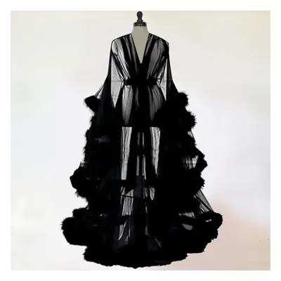 (black) Women Fashion Tulle Robe Long Lingerie Nightgown Bathrobe Sleepwear Feather Bridal Robe 