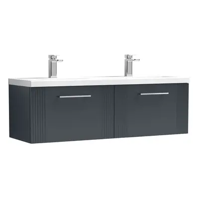 Retro Drawer Wall Hung Vanity Unit with Double Ceramic Basin - 1200mm - Satin Soft Black - Balte