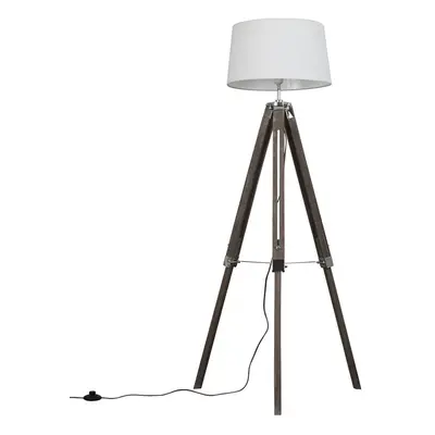 Modern Distressed Wood and Silver Chrome Tripod Floor Lamp with a White Tapered Shade