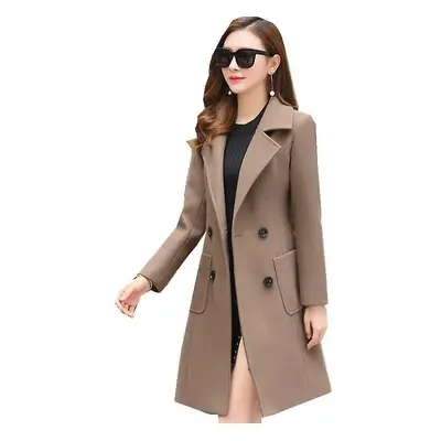 (Khaki, 2XL) Women Winter Elegant Coat Notched Collar Double Breasted Wool Blend Overcoat