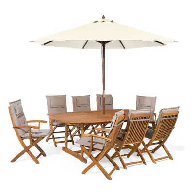 8 Seater Acacia Wood Garden Dining Set with Parasol and Taupe Cushions MAUI