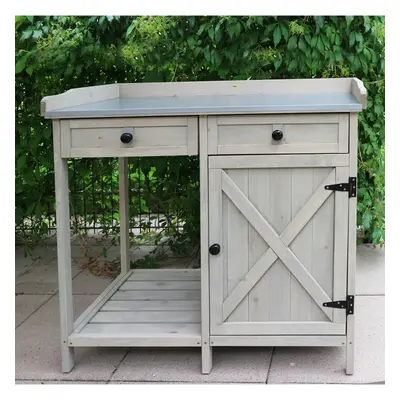 Wooden Garden Outdoor Potting Planting Bench Table Tool Storage With Drawers & Cabinet In Grey