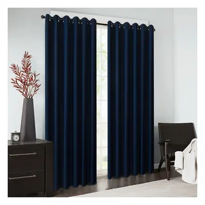 (Navy, 66" x 90") Thick Thermal Blackout Ready Made Eyelet Ring Top Pair Curtains Panel