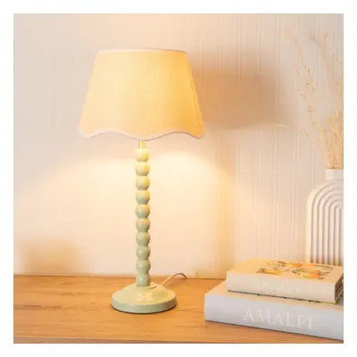 ValueLights Bobbins Scallop White Trim Shade Green Table Lamp & Bulb