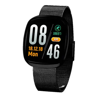 (Black) Milanese Steel Full Touch Custom Watch Face Blood Pressure Smart Watch