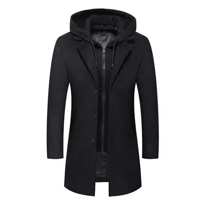 (Allthemen Mens Winter Hooded Solid Color Lapel Mid-length Loose Fit Coat) Allthemen Mens Winter